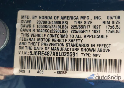 2008 Honda Cr-V Ex-L from USA, damaged, VIN 5J6RE487X8L025591